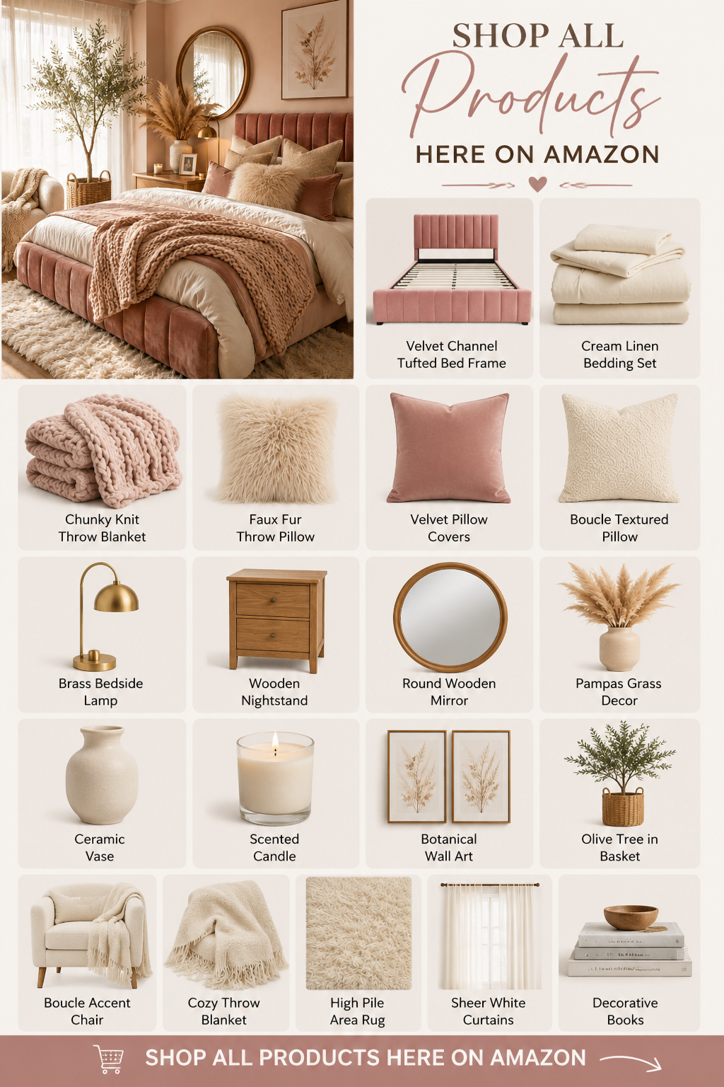Collage featuring all furniture and decor used to recreate a cozy blush pink bedroom.