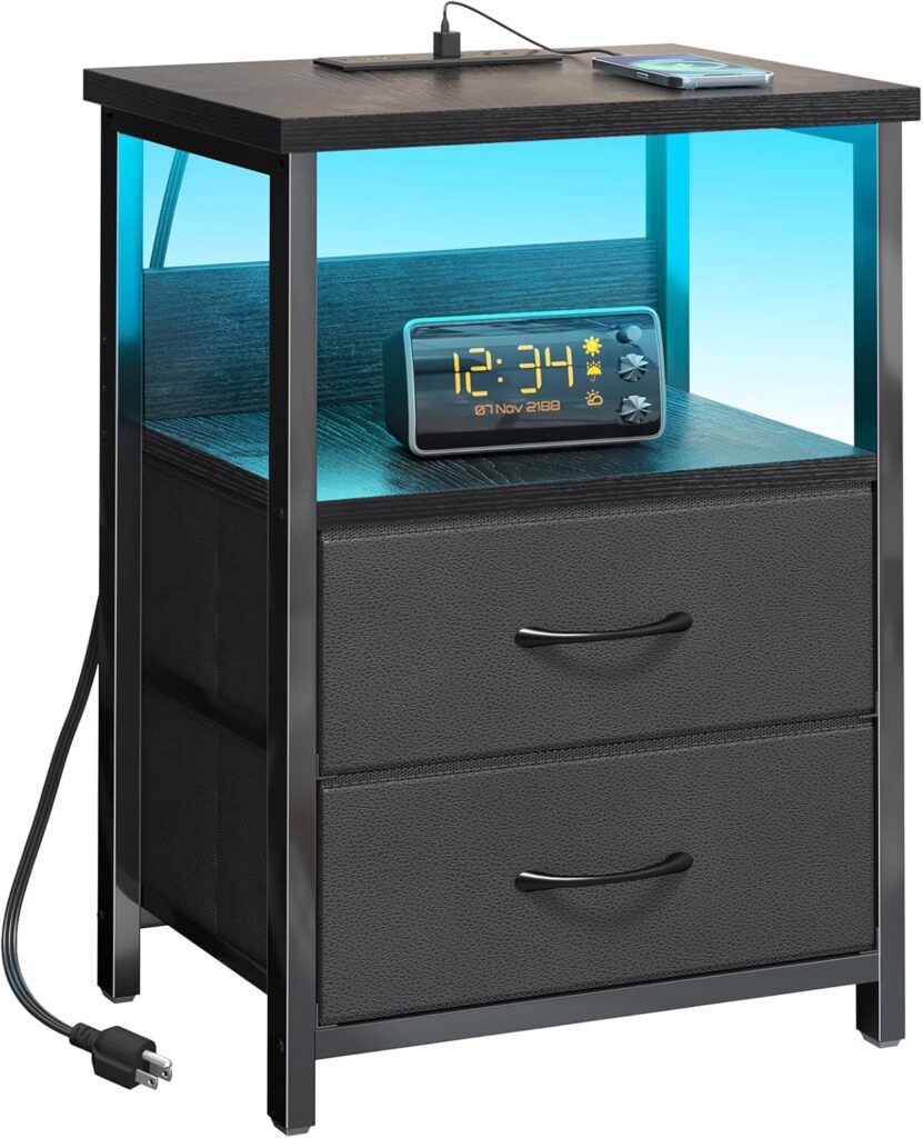 Fixwal black LED nightstand with charging station, three fabric drawers, open shelves, USB ports, AC outlets, and modern bedside storage.