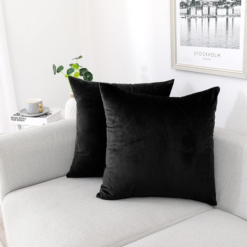 NiNi ALL black velvet throw pillow covers 18x18 inch set of 2 on modern sofa