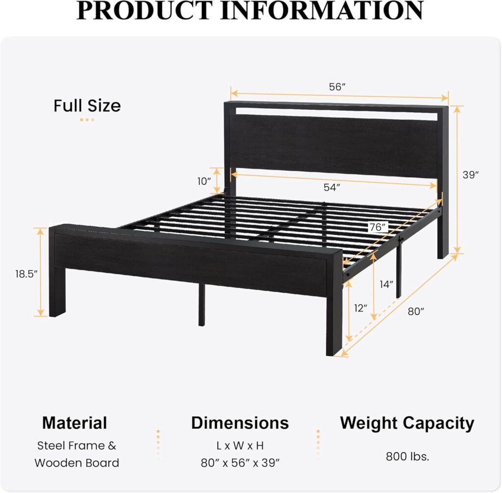metal bed frame with wooden headboard, black oak bed frame, platform bed no box spring,