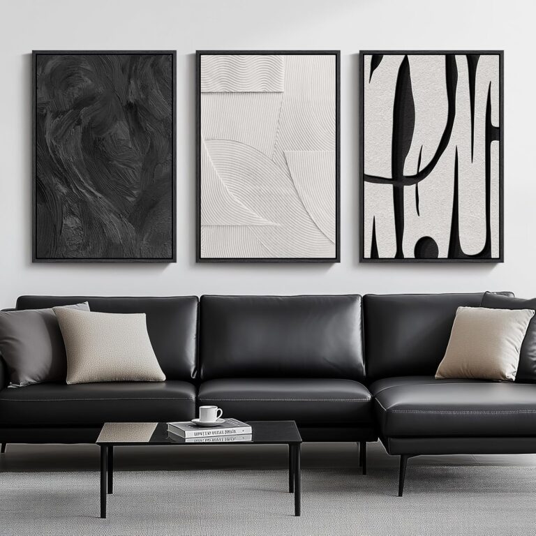 Large black and white abstract canvas wall art set with three framed minimalist prints for a modern living room.