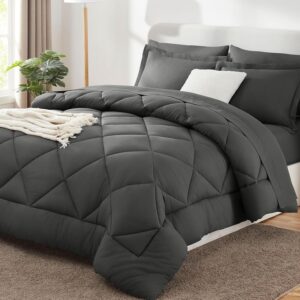 CozyLux Queen 7 Piece Dark Grey Comforter Set with soft all season bedding, sheets, pillowcases, and pillow shams.