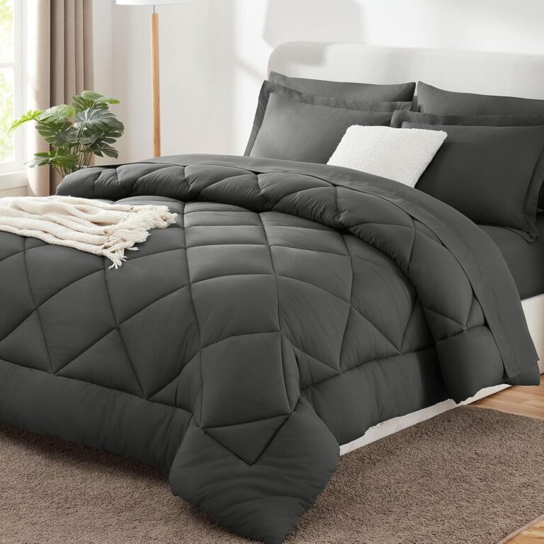 CozyLux Queen 7 Piece Dark Grey Comforter Set with soft all season bedding, sheets, pillowcases, and pillow shams.