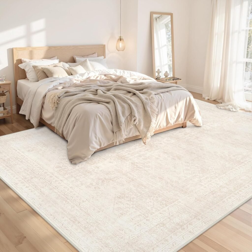 Luxurious beige washable 8x10 area rug in living room