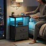 Modern bedside table with RGB LED lights, built in power outlets, USB ports, and practical bedroom storage.