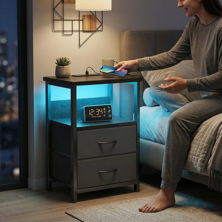 Modern bedside table with RGB LED lights, built in power outlets, USB ports, and practical bedroom storage.