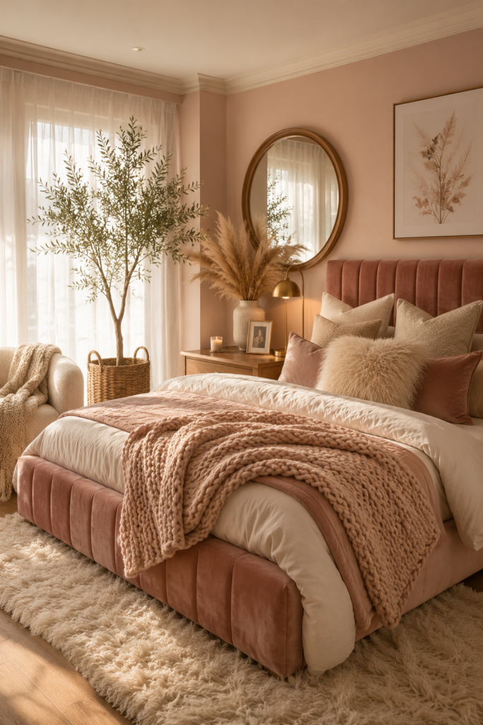 Cozy pink dream bedroom with blush velvet headboard, layered linens, and gold accents