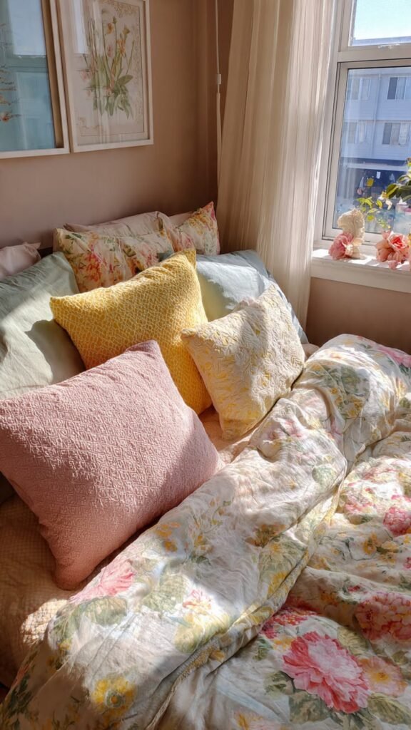 Small apartment bedroom refresh with floral bedding, warm lighting, soft curtains, and budget-friendly spring decor.