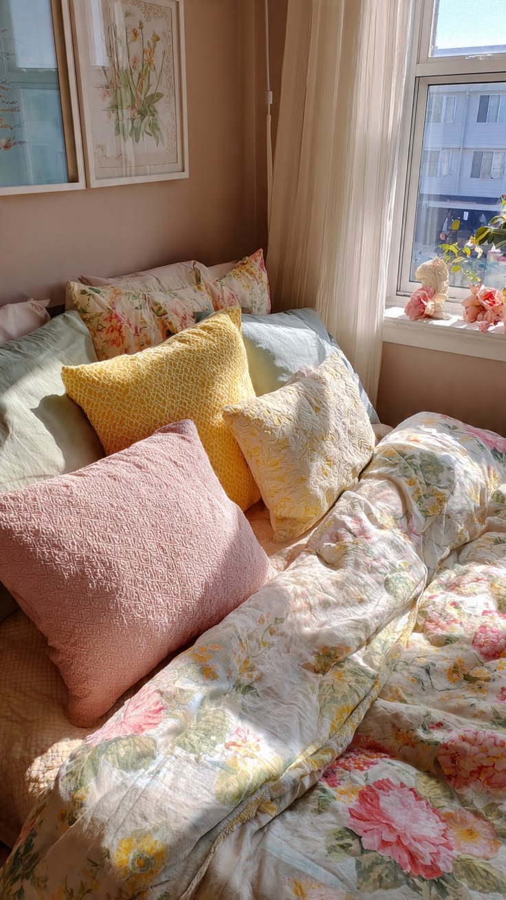 Small apartment bedroom refresh with floral bedding, warm lighting, soft curtains, and budget-friendly spring decor.