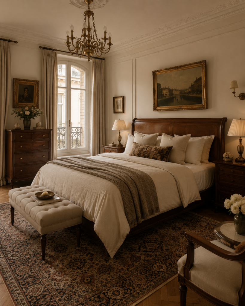 Elegant small bedroom decorating idea with walnut nightstand, warm neutral bedding, and framed wall art