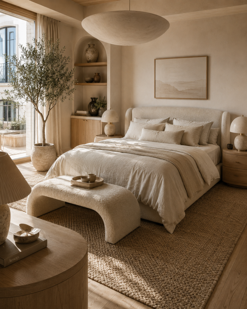 Small bedroom decorating ideas with natural wood furniture, linen bedding, and jute rug