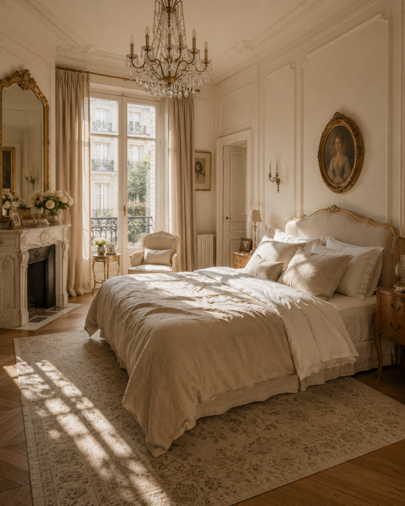 Small bedroom decorating idea with oversized floor mirror, soft neutral bedding, and wall molding