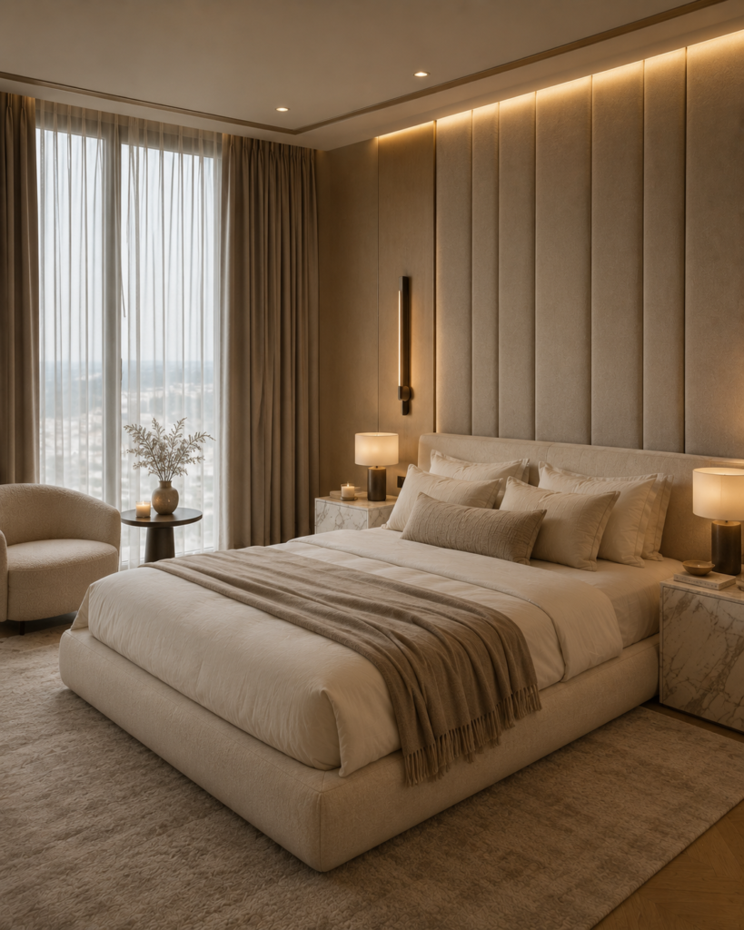 Small bedroom decorating idea with layered neutral bedding and elegant decorative pillows