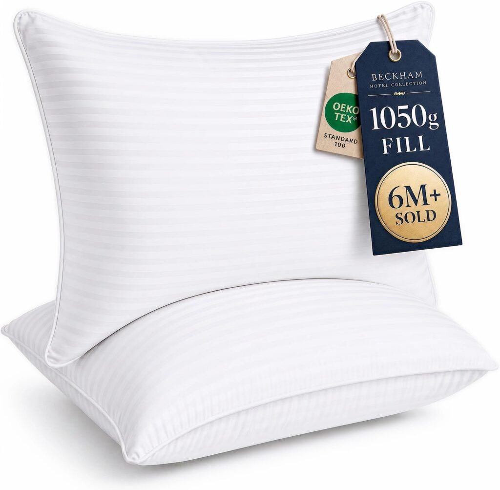 Beckham Hotel Collection bed pillows review styled on a cozy neutral-tone queen size bed
