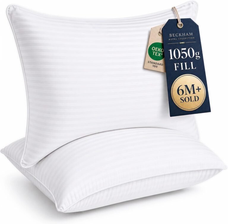 Beckham Hotel Collection bed pillows review styled on a cozy neutral-tone queen size bed
