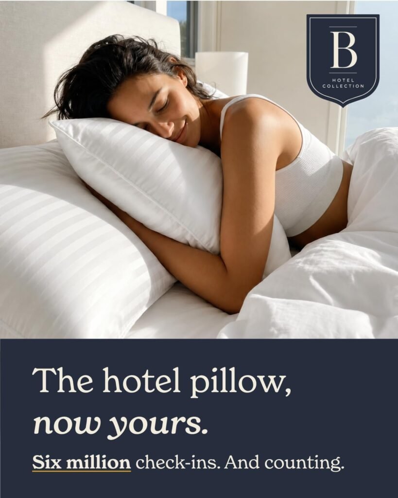 Beckham Hotel Collection bed pillows set of 2 being unboxed on a neutral bedroom carpet