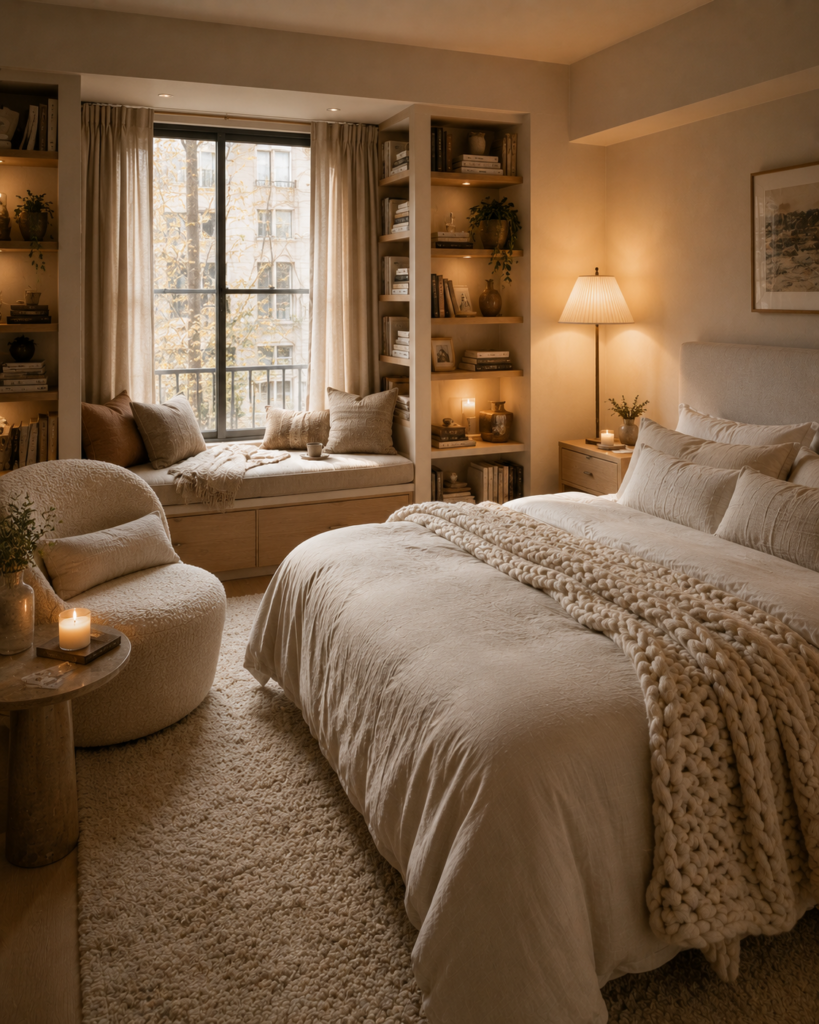 Small bedroom decorating ideas with a cozy reading nook, accent chair, and floor lamp
