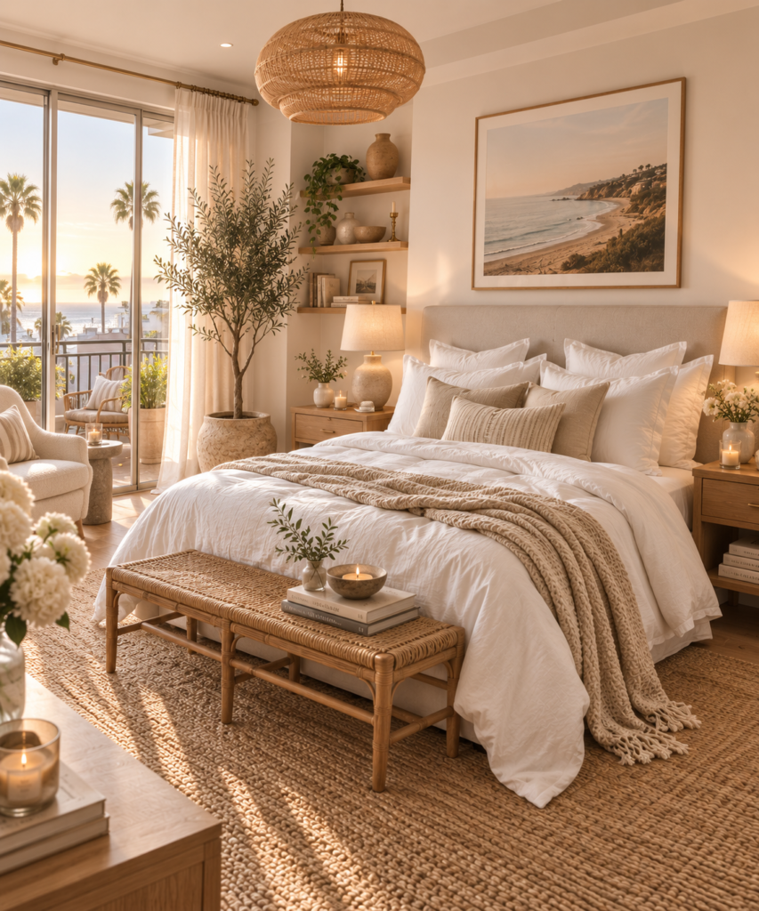 Small bedroom decorating idea with woven jute rug, linen bedding, and warm neutral decor