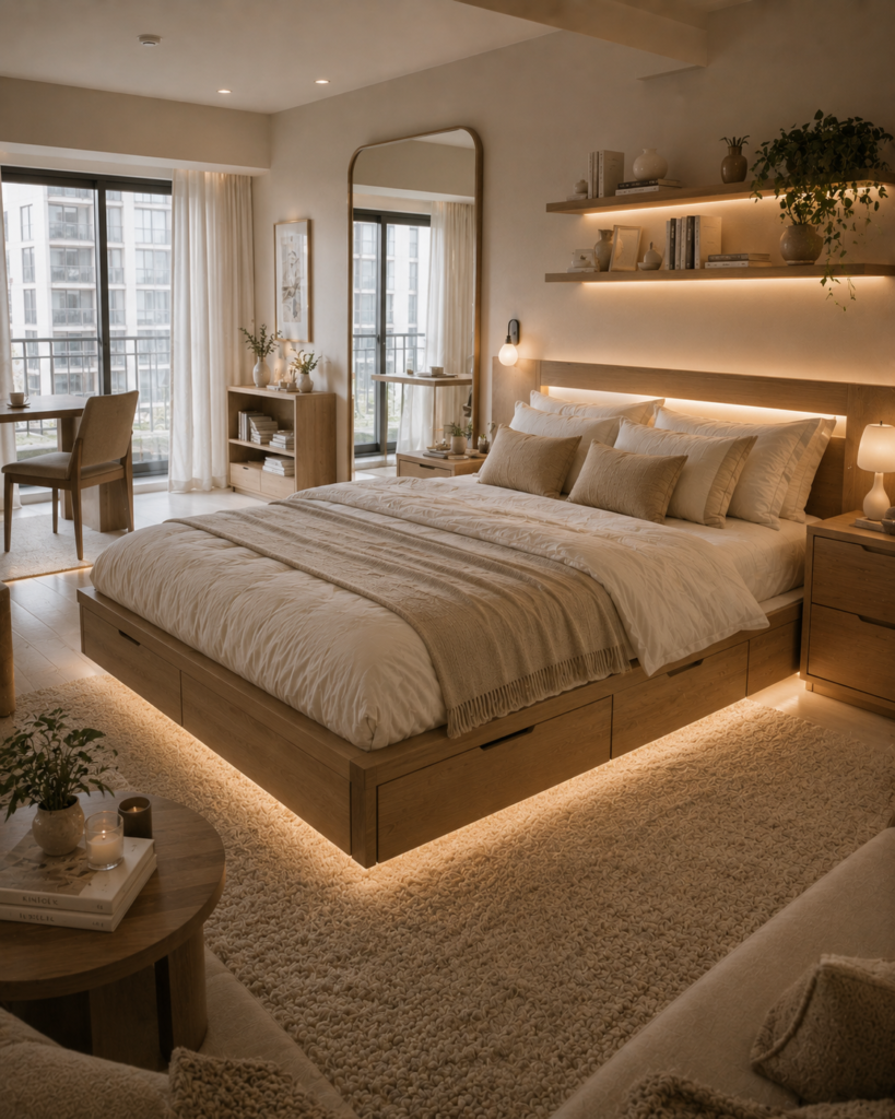 Small bedroom decorating ideas for studios with a storage bed frame and floating shelves