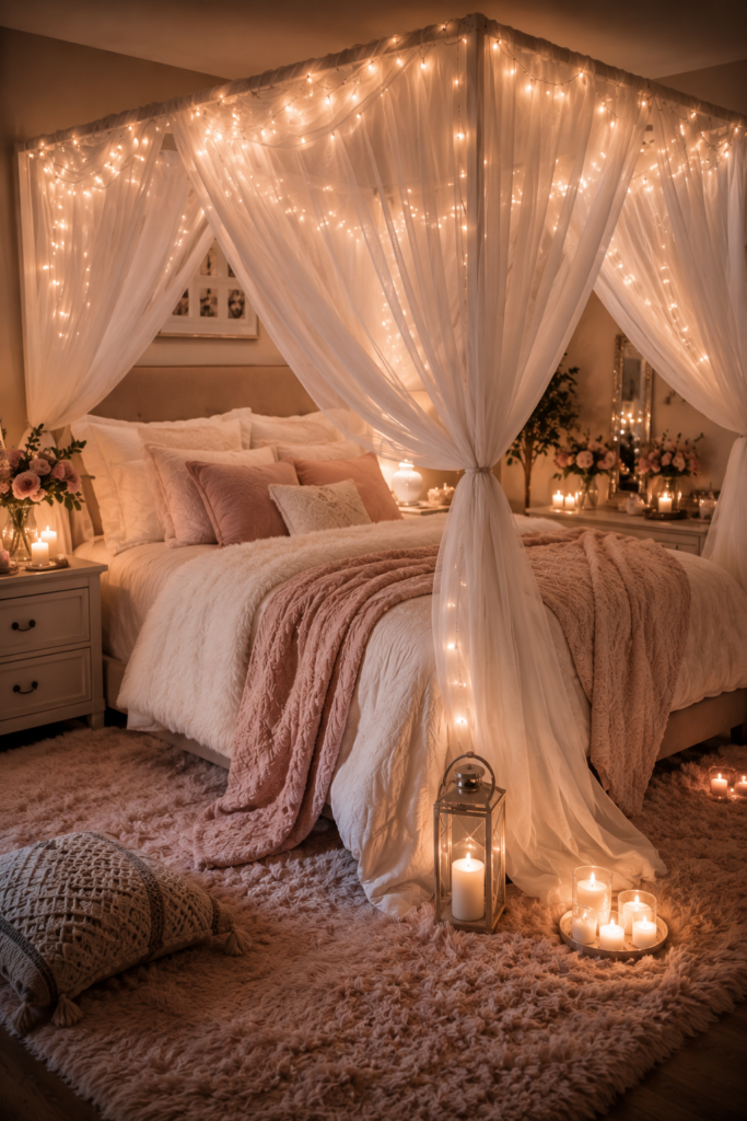 Cozy canopy bedroom with sheer curtains and warm fairy lights