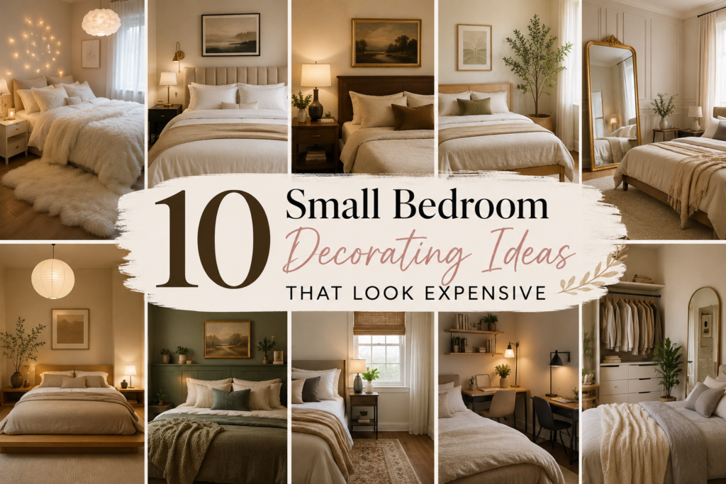 Cozy small bedroom decorating ideas with neutral bedding, warm lighting, and space saving furniture