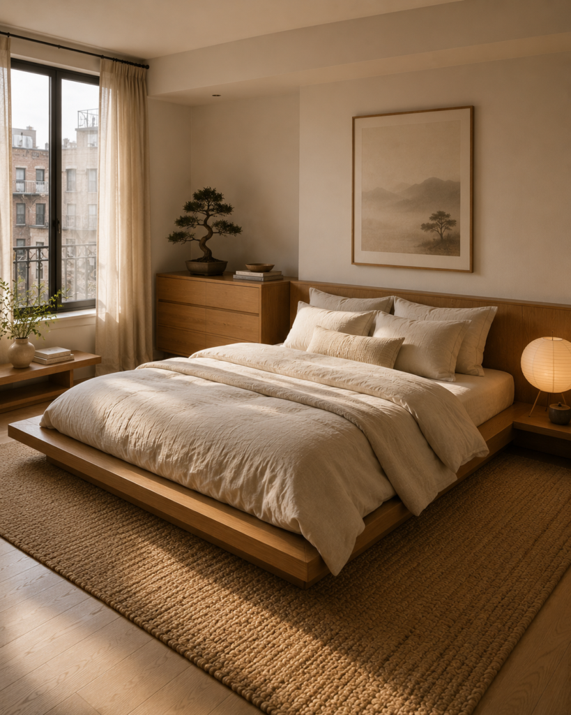 Minimalist small bedroom decorating ideas with low platform bed and natural wood tones