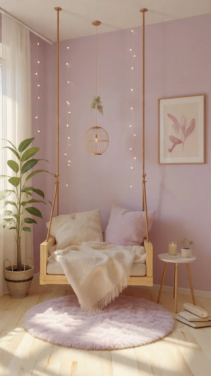 cozy indoor wooden hanging swing in a modern bedroom reading corner