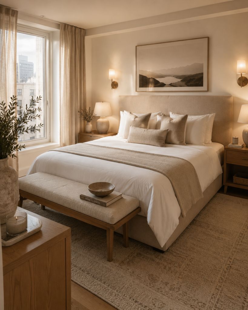 Small bedroom decorating ideas featuring upholstered headboard, crisp white sheets, and brass lighting