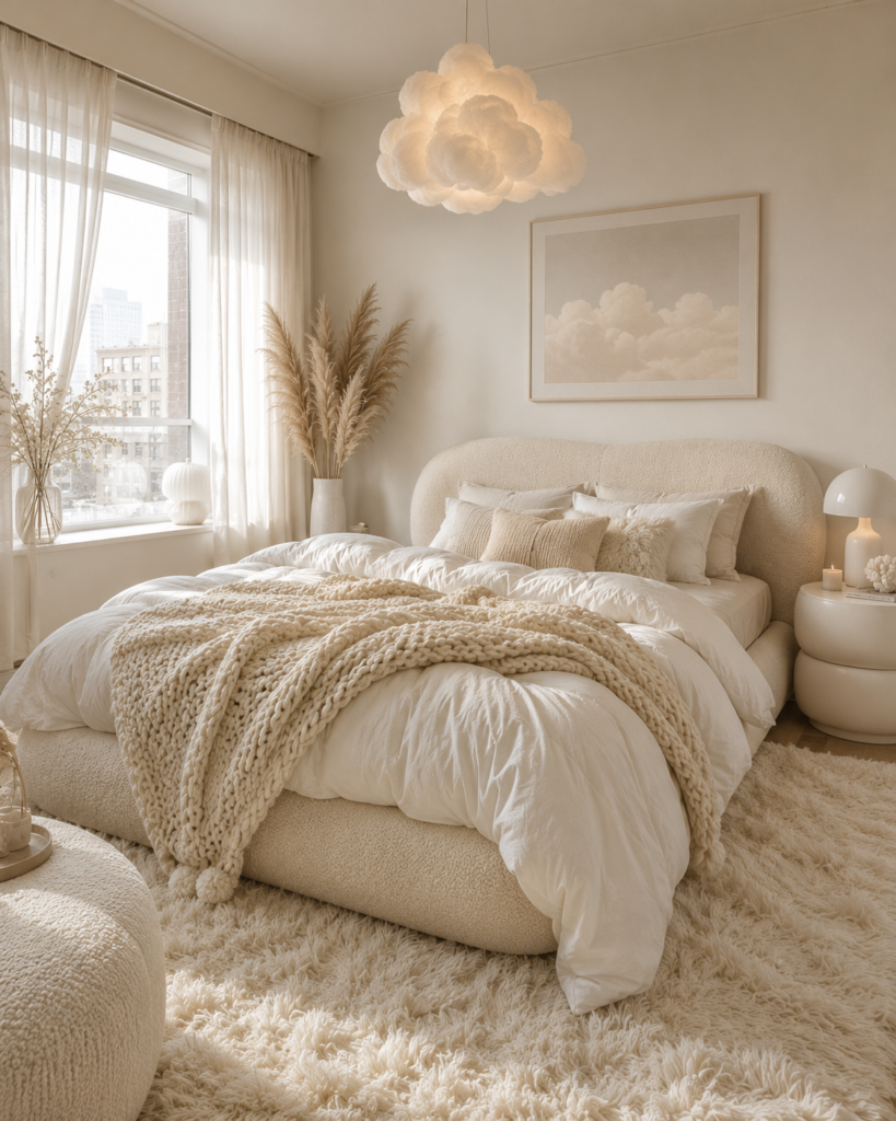 Small bedroom decorating idea with fluffy white bedding, plush rug, and soft ambient lighting