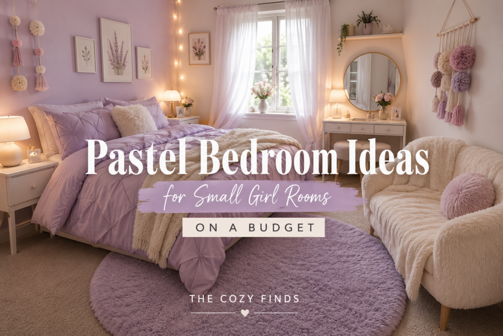 Small pastel bedroom with lilac comforter, fluffy round rug, faux fur loveseat, warm bedside lighting, and cozy feminine decor ideas for small girl rooms on a budget.