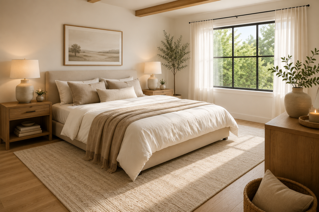 Large neutral rug under bed in a cozy modern bedroom with a queen size bed and Scandinavian decor