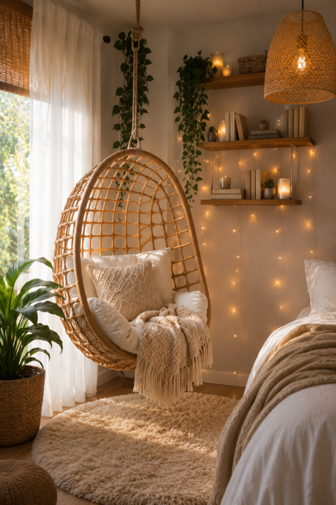 cozy indoor swing corner ideas in a modern bedroom reading nook