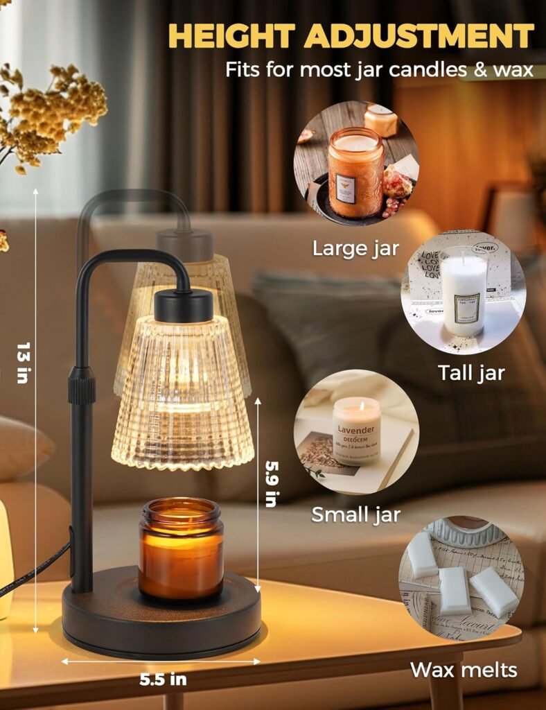 Modern candle warmer lamp warming a scented jar candle on a bedside table in a cozy bedroom.