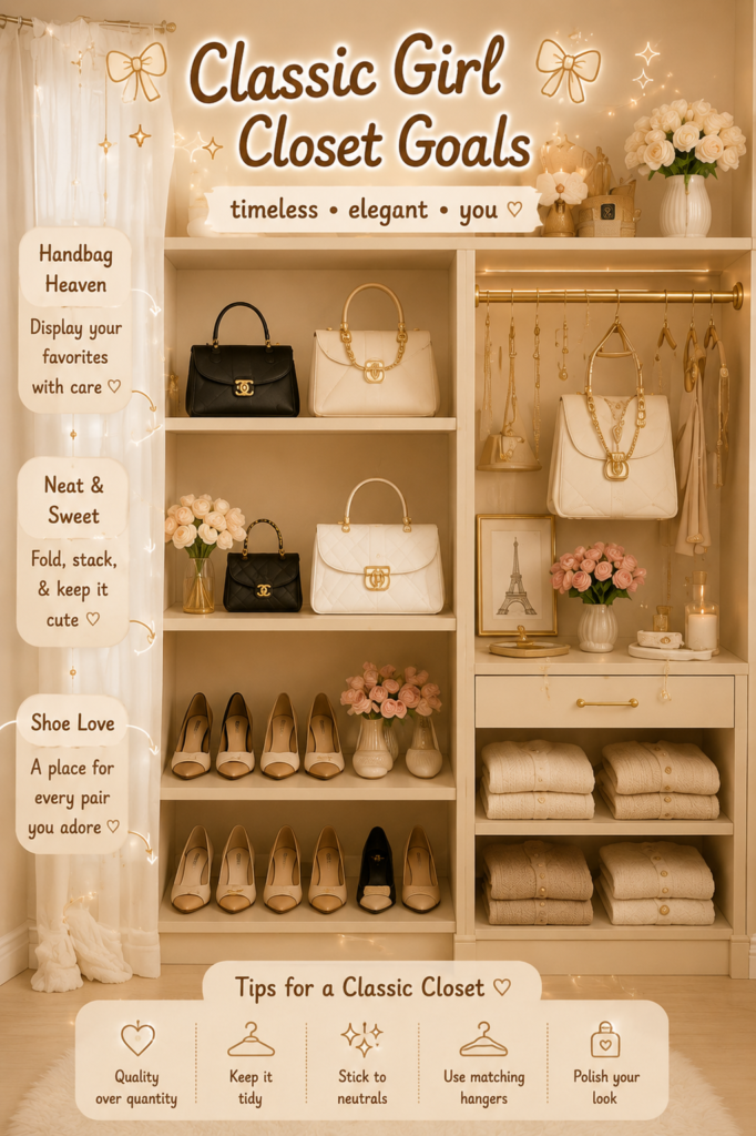 Dream closet organization ideas with a timeless cream closet, wood hangers, handbags, and boutique style shelves