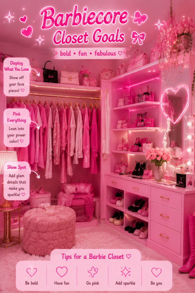Dream closet organization ideas with a Barbiecore pink closet, vanity mirror, heart neon sign, and plush decor