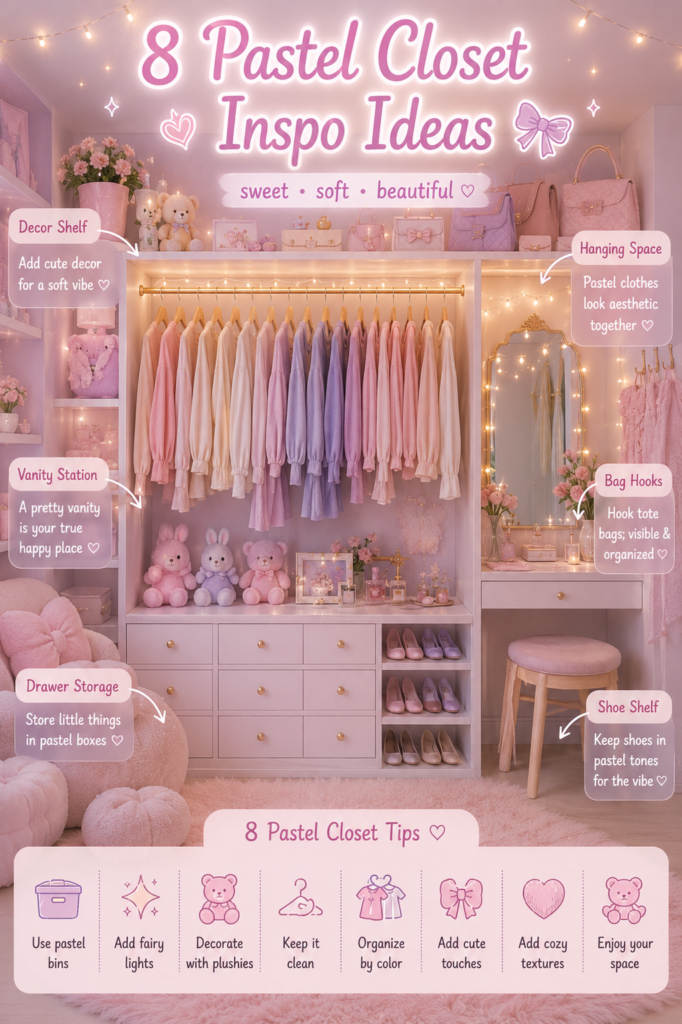 Dream closet organization ideas with pastel closet decor, vanity, plush seating, and colorful storage bins
