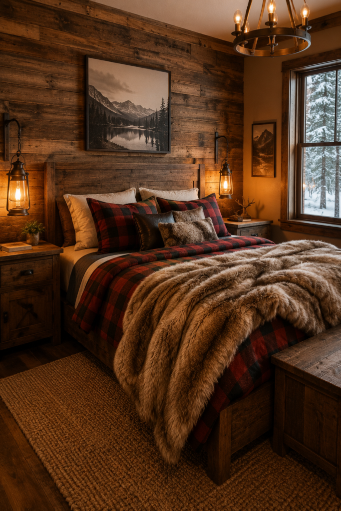 Rustic wood cabin bedroom with plaid bedding, wood paneling, and warm lighting