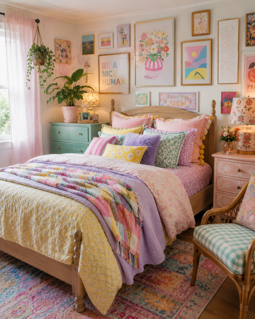 Pastel rainbow eclectic bedroom with mixed colorful textiles and gallery wal