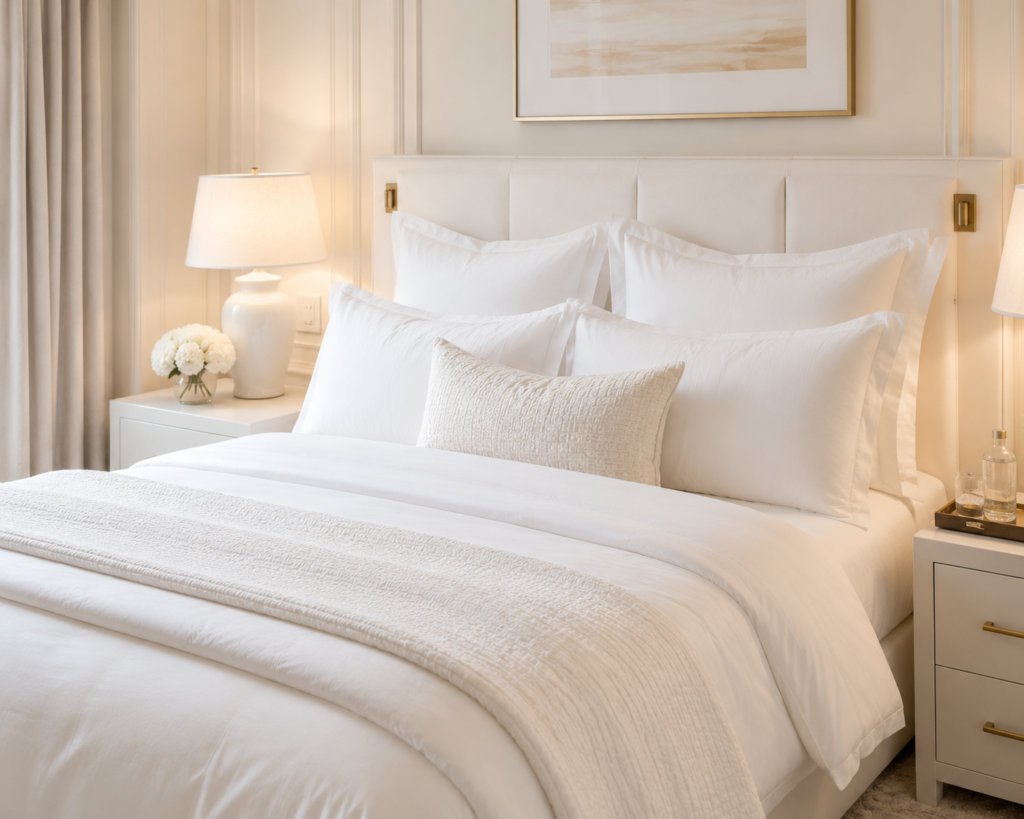 All-white hotel luxury bedroom with layered pillows, plush duvet, and warm lighting