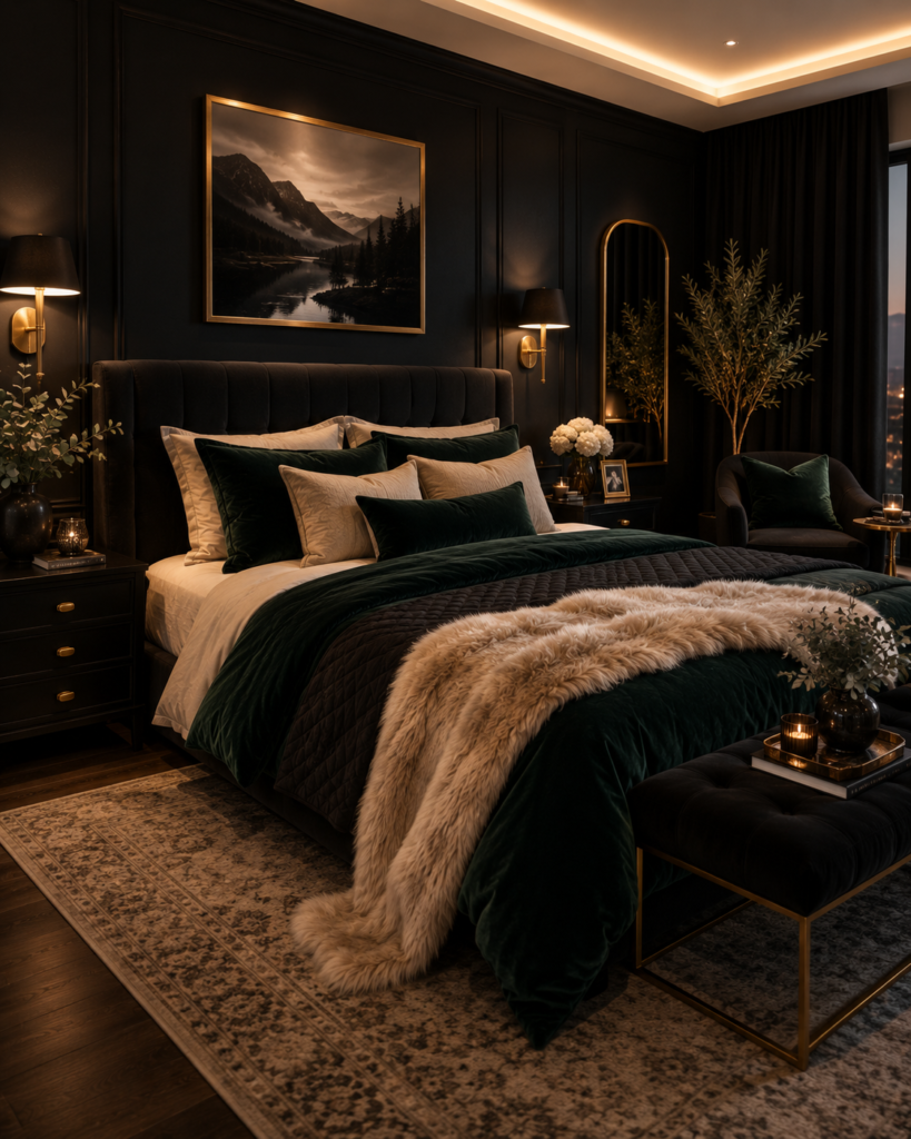Cozy black luxury bedroom with velvet bedding and brass accents