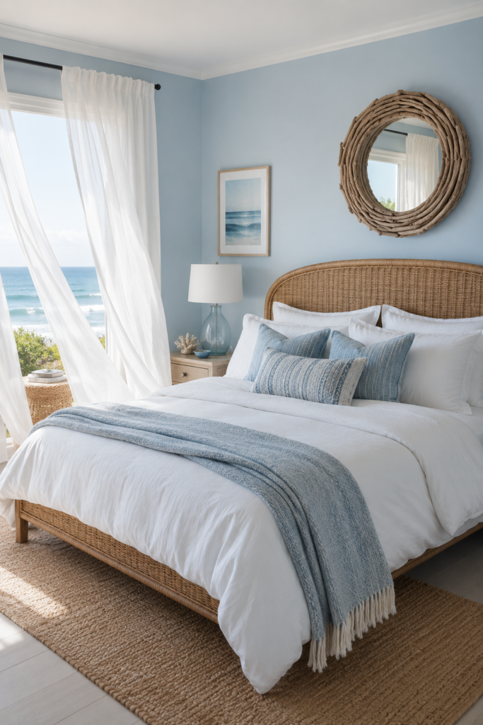 Cozy coastal bedroom with blue walls, white bedding, and rattan furniture