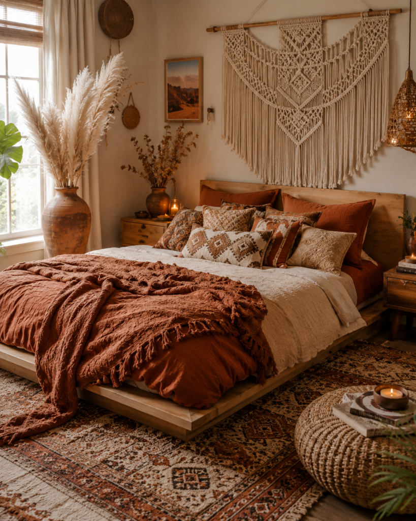 Cozy boho bedroom with terracotta bedding, macrame wall decor, and woven textures