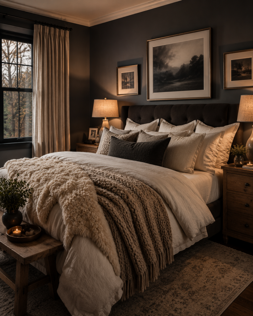 Cozy charcoal gray bedroom with layered cream bedding and warm lighting