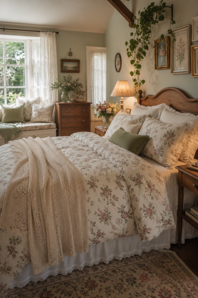 Cozy cottagecore bedroom with floral bedding and vintage furniture