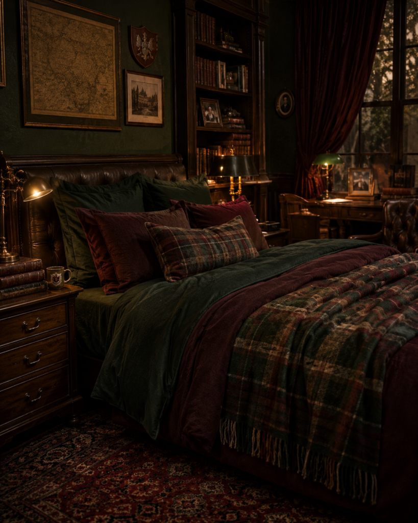 Cozy dark academia bedroom with forest green bedding and vintage decor