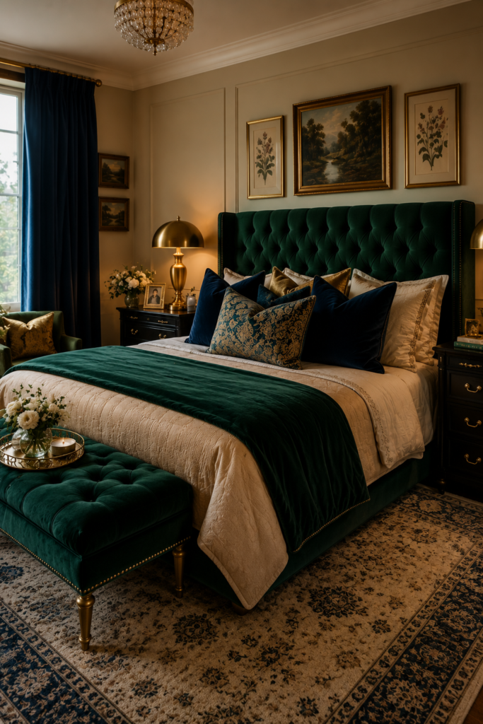 Cozy luxury bedroom with emerald velvet headboard and gold accents