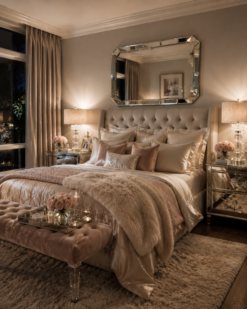 Glam mirrored bedroom with champagne bedding, crystal lighting, and velvet bench