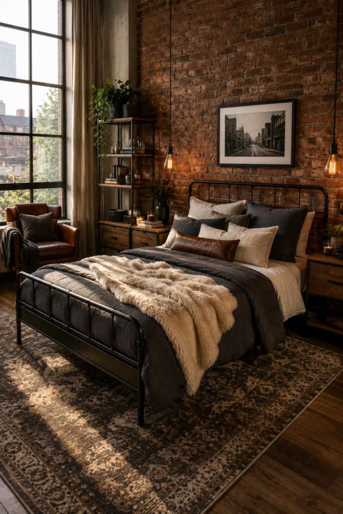 Cozy industrial bedroom with black metal bed and exposed brick wall