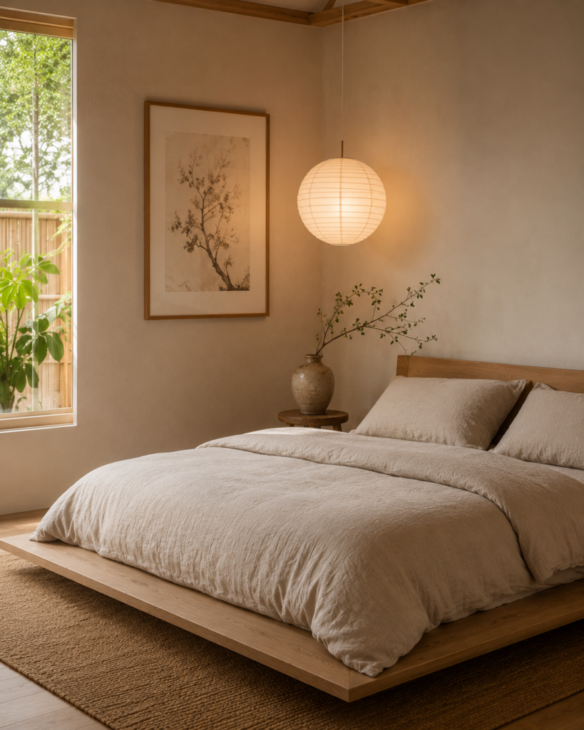 Cozy Japandi bedroom with natural wood platform bed and linen bedding