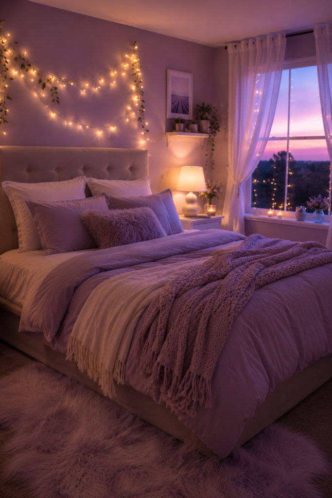 Cozy lavender bedroom with fairy lights and soft purple bedding
